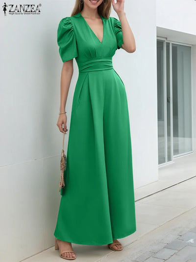Office Casual Loose Short Sleeve Playsuits Solid Color Wide Leg Jumpsuits