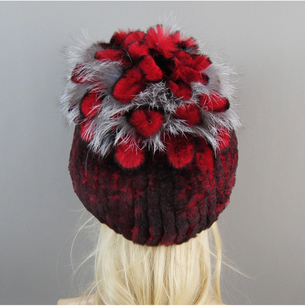 Luxury Women Fur Hat For Winter Handmade Natural Rex Rabbit Fox .