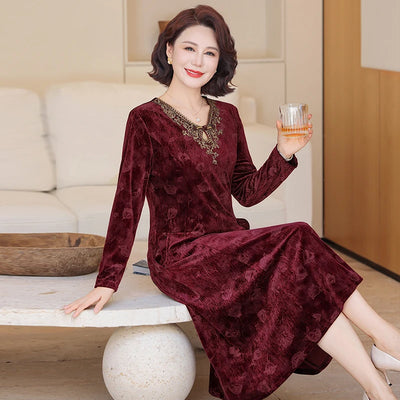 V-Neck Long Sleeve Velvet Dress Women's Meticulous Pocket Mid-Length Gown