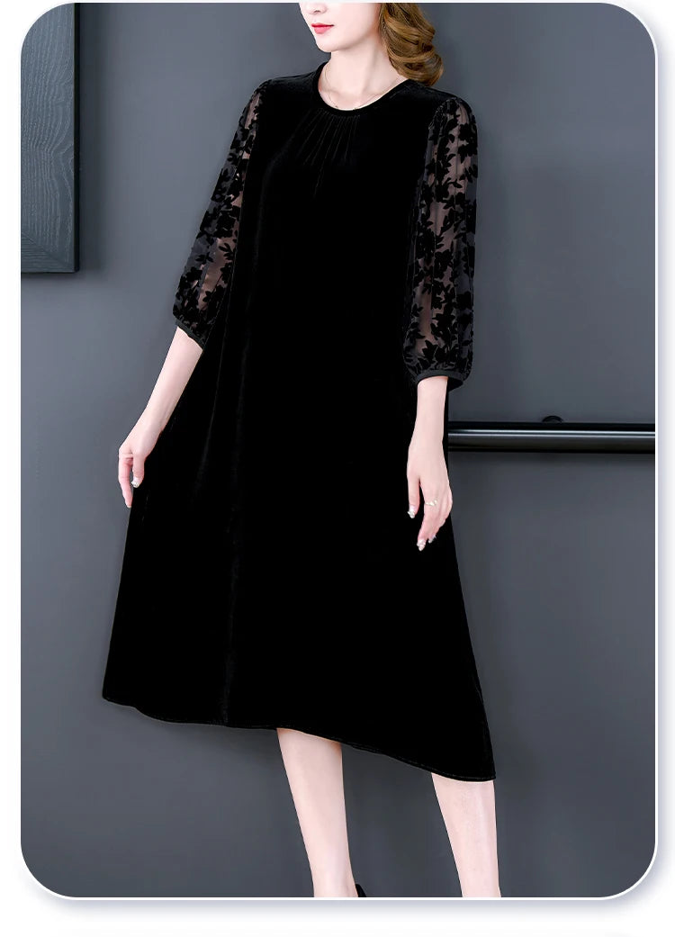 Velvet Chic Hook Flower Hollow Sexy Midi Dress Women Solid