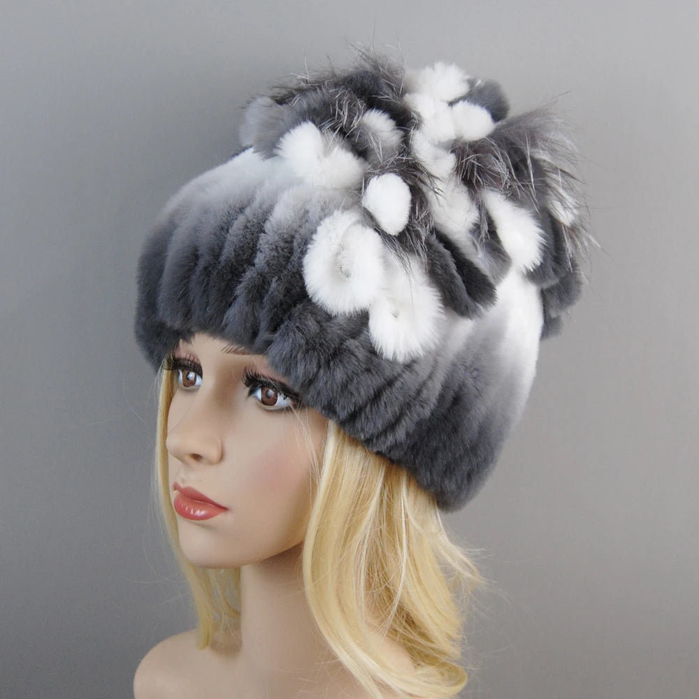 Luxury Women Fur Hat For Winter Handmade Natural Rex Rabbit Fox .