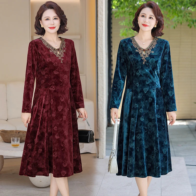 V-Neck Long Sleeve Velvet Dress Women's Meticulous Pocket Mid-Length Gown