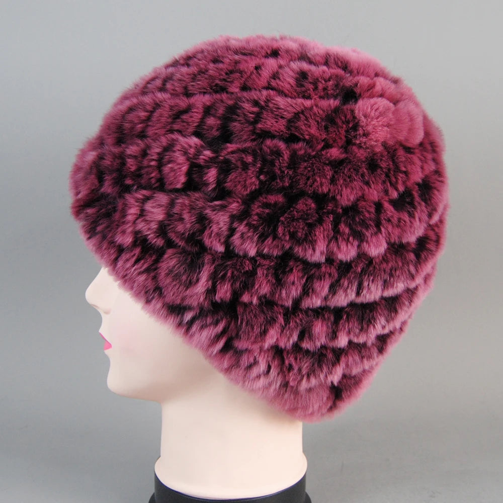Real Rex Rabbit Winter Fur Hat For Women Russian Real Fur Knitted Cap