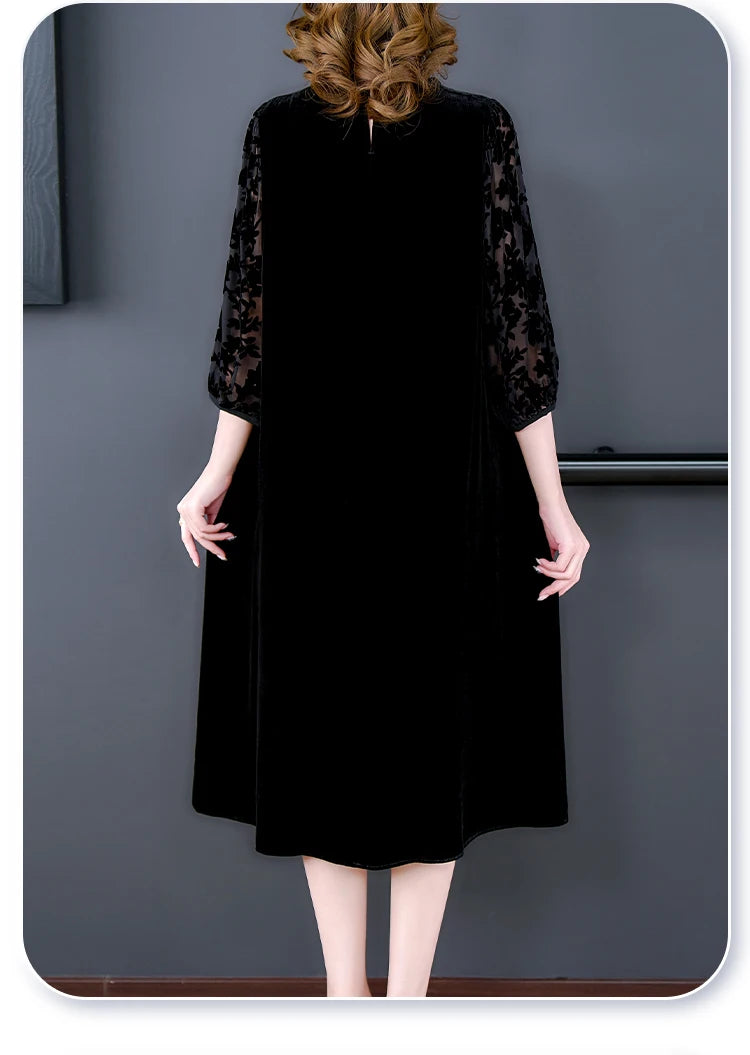 Velvet Chic Hook Flower Hollow Sexy Midi Dress Women Solid