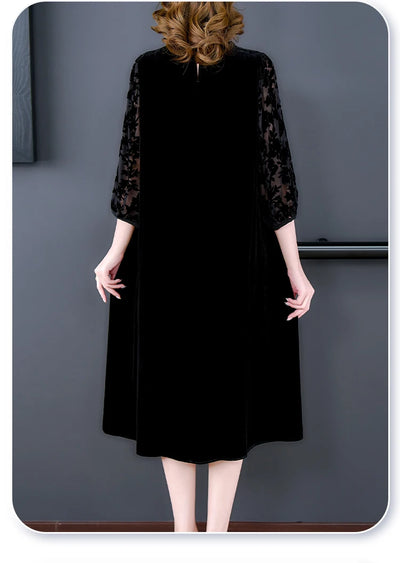 Velvet Chic Hook Flower Hollow Sexy Midi Dress Women Solid