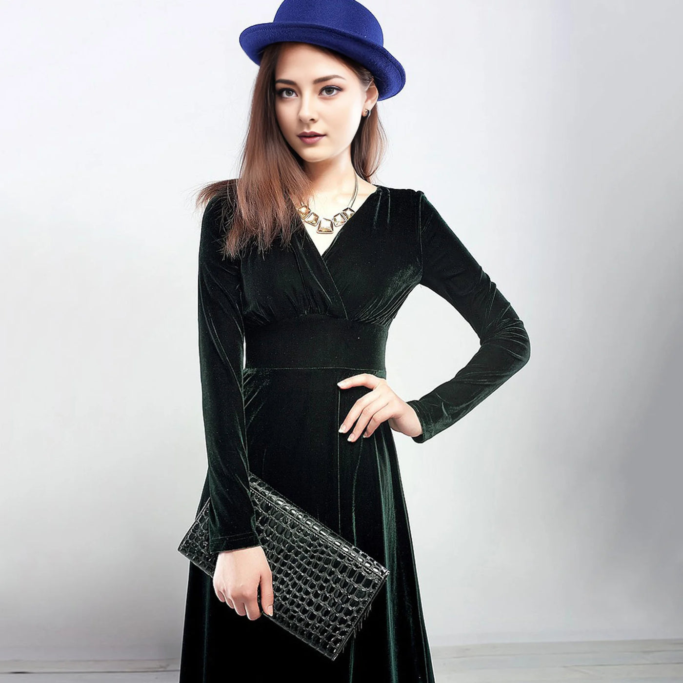 Long Sleeve V Neck Pleated Velvet Banquet Party Maxi Dress Party Wedding