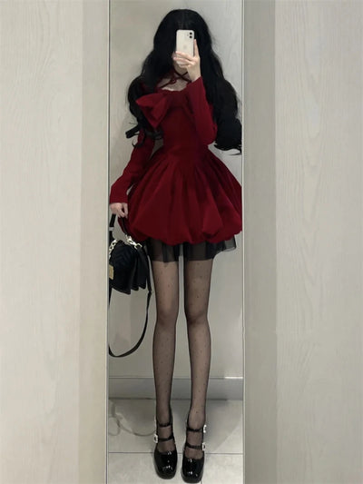 Y2K Sexy Slash Neck Red Velvet Dresses Winter Kawaii Christmas Party