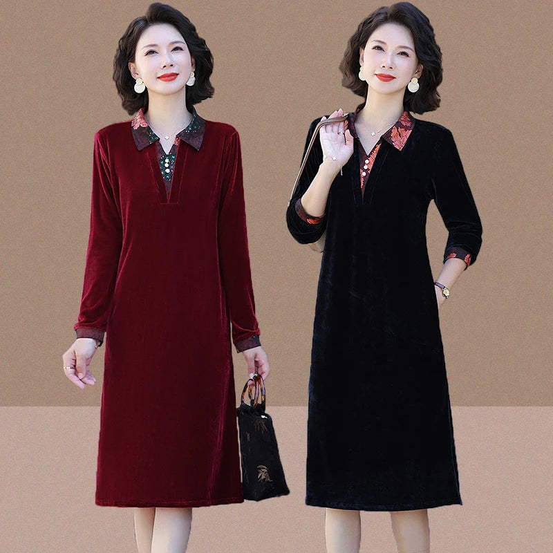 Velvet Midi Dress Women's Velvet Full Sleeve Knee-length Regular Shirt