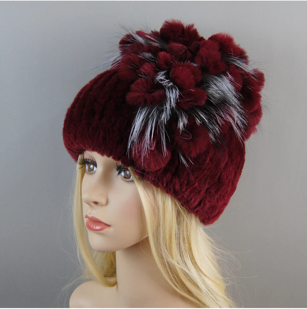 Luxury Women Fur Hat For Winter Handmade Natural Rex Rabbit Fox .