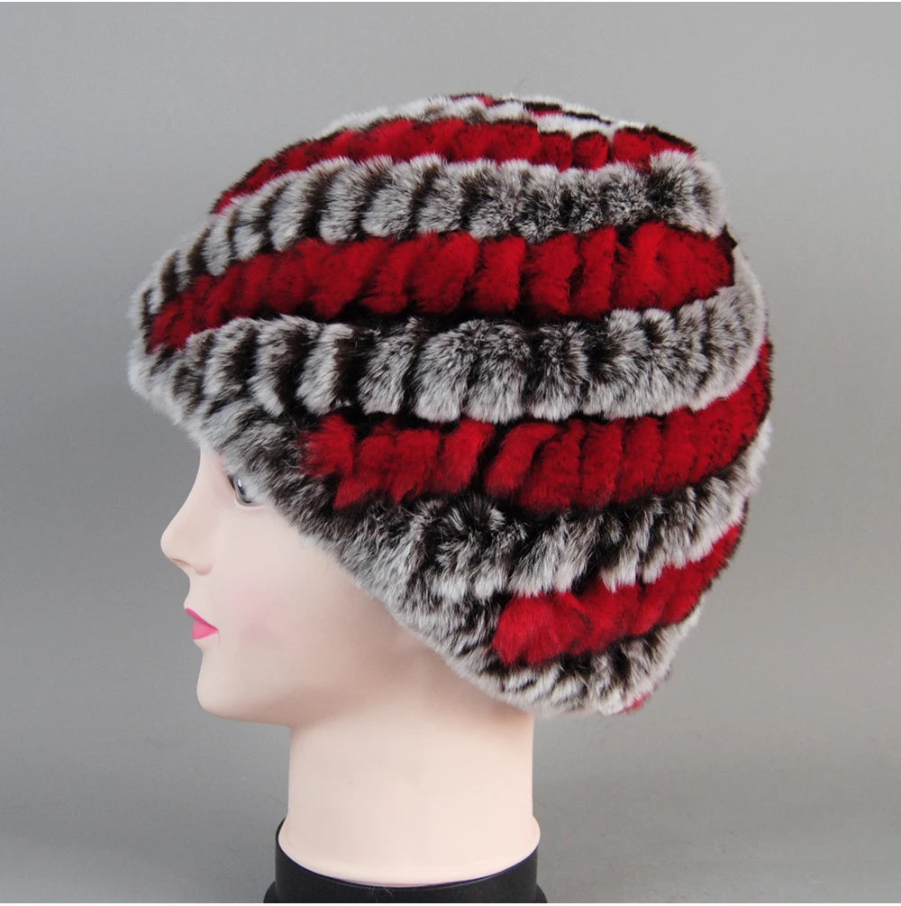 Real Rex Rabbit Winter Fur Hat For Women Russian Real Fur Knitted Cap