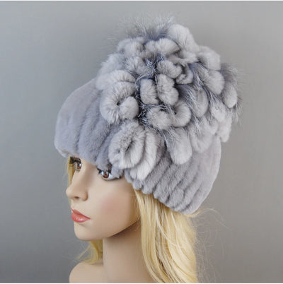 Luxury Women Fur Hat For Winter Handmade Natural Rex Rabbit Fox .
