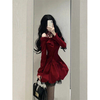 Y2K Sexy Slash Neck Red Velvet Dresses Winter Kawaii Christmas Party