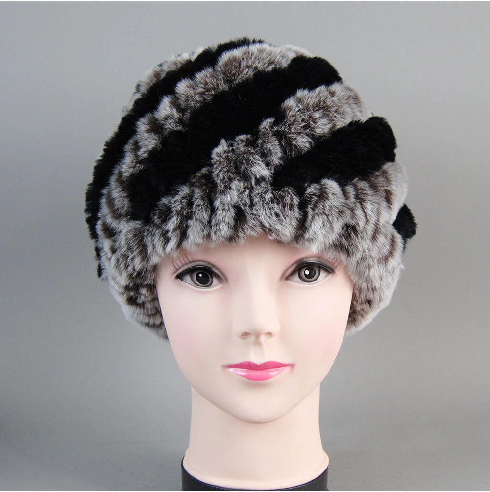Real Rex Rabbit Winter Fur Hat For Women Russian Real Fur Knitted Cap