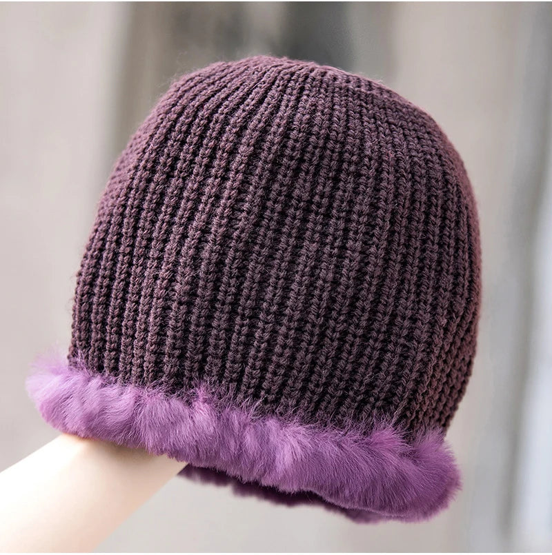 Winter Fur Hat Scarf Sets Natural Warm Real Rex Rabbit Fur