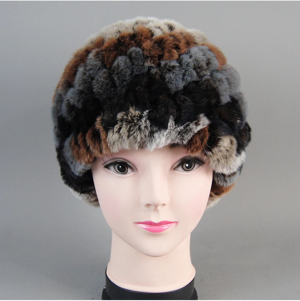 Real Rex Rabbit Winter Fur Hat For Women Russian Real Fur Knitted Cap