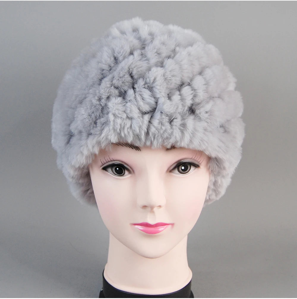 Real Rex Rabbit Winter Fur Hat For Women Russian Real Fur Knitted Cap