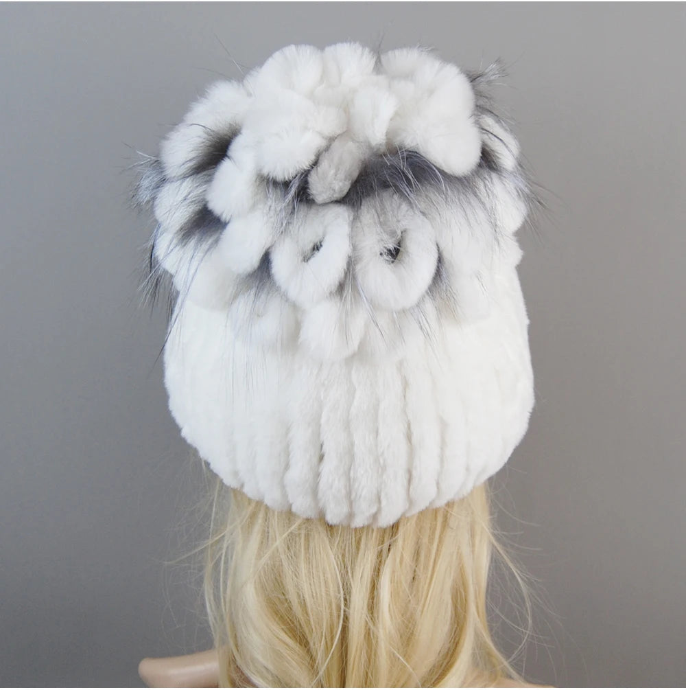 Luxury Women Fur Hat For Winter Handmade Natural Rex Rabbit Fox .