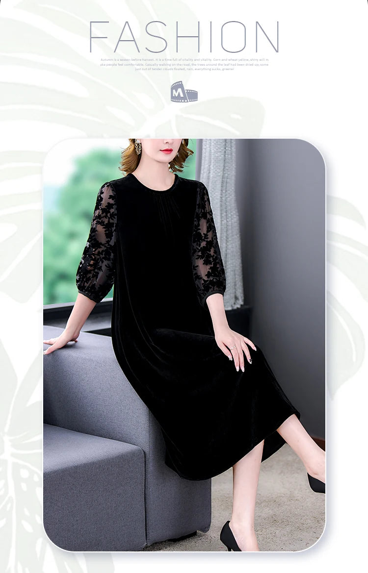 Velvet Chic Hook Flower Hollow Sexy Midi Dress Women Solid