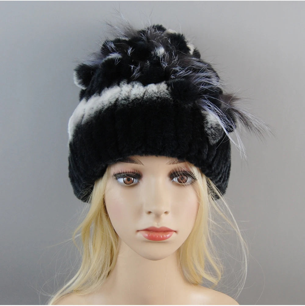 Luxury Women Fur Hat For Winter Handmade Natural Rex Rabbit Fox .