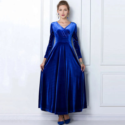 Long Sleeve V Neck Pleated Velvet Banquet Party Maxi Dress Party Wedding