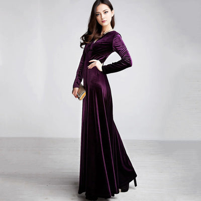 Long Sleeve V Neck Pleated Velvet Banquet Party Maxi Dress Party Wedding