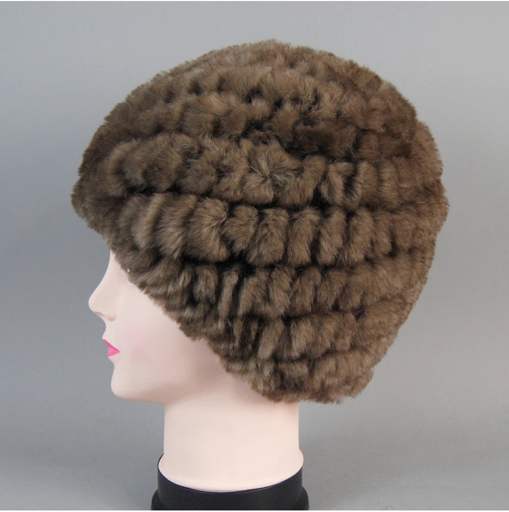 Real Rex Rabbit Winter Fur Hat For Women Russian Real Fur Knitted Cap