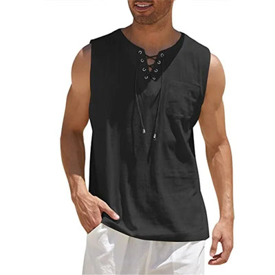 Men's Casual Shirts Leeveless Vest Bandage Lace Up Blouse Retro V Neck