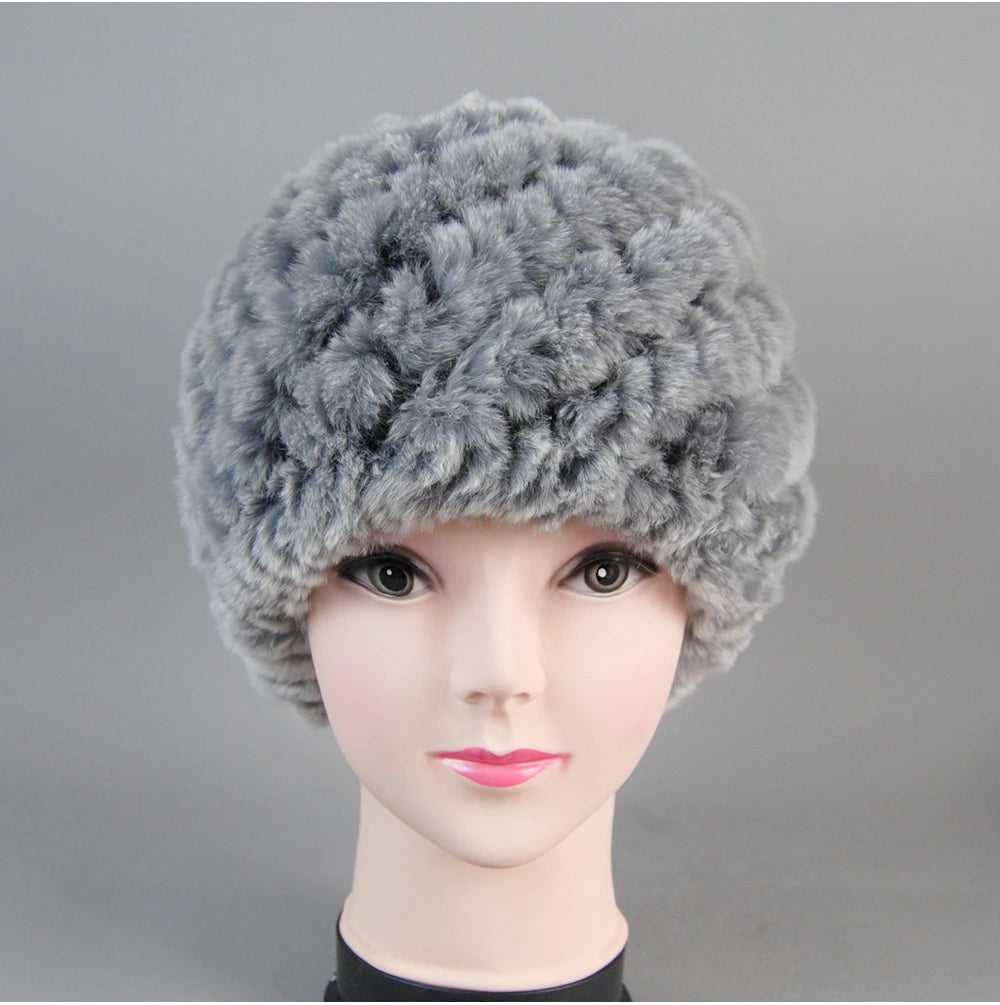 Real Rex Rabbit Winter Fur Hat For Women Russian Real Fur Knitted Cap