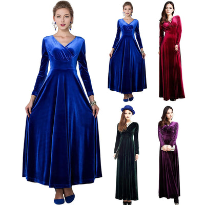 Long Sleeve V Neck Pleated Velvet Banquet Party Maxi Dress Party Wedding