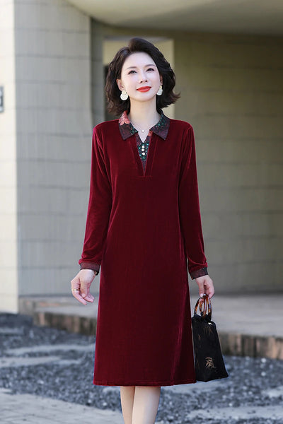 Velvet Midi Dress Women's Velvet Full Sleeve Knee-length Regular Shirt