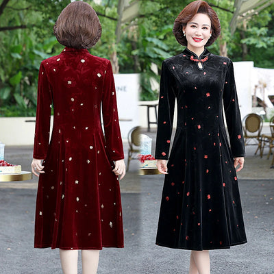 Embroidery Gold Velvet Cheongsam Long Dress Women