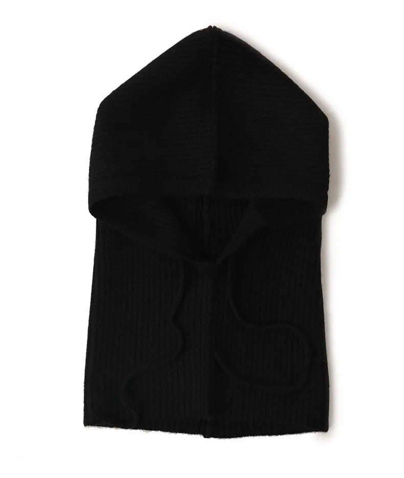 Wool Knitted Balaclava Hat For Women Winter Hooded Drawstring Skullies Cap