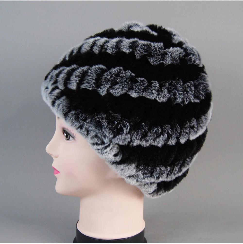 Real Rex Rabbit Winter Fur Hat For Women Russian Real Fur Knitted Cap