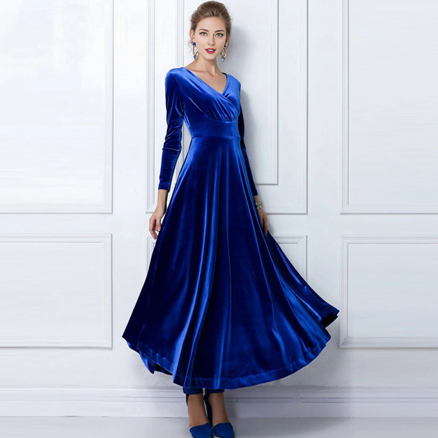 Long Sleeve V Neck Pleated Velvet Banquet Party Maxi Dress Party Wedding