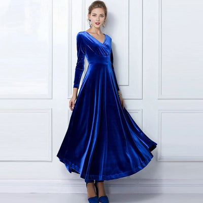 Long Sleeve V Neck Pleated Velvet Banquet Party Maxi Dress Party Wedding