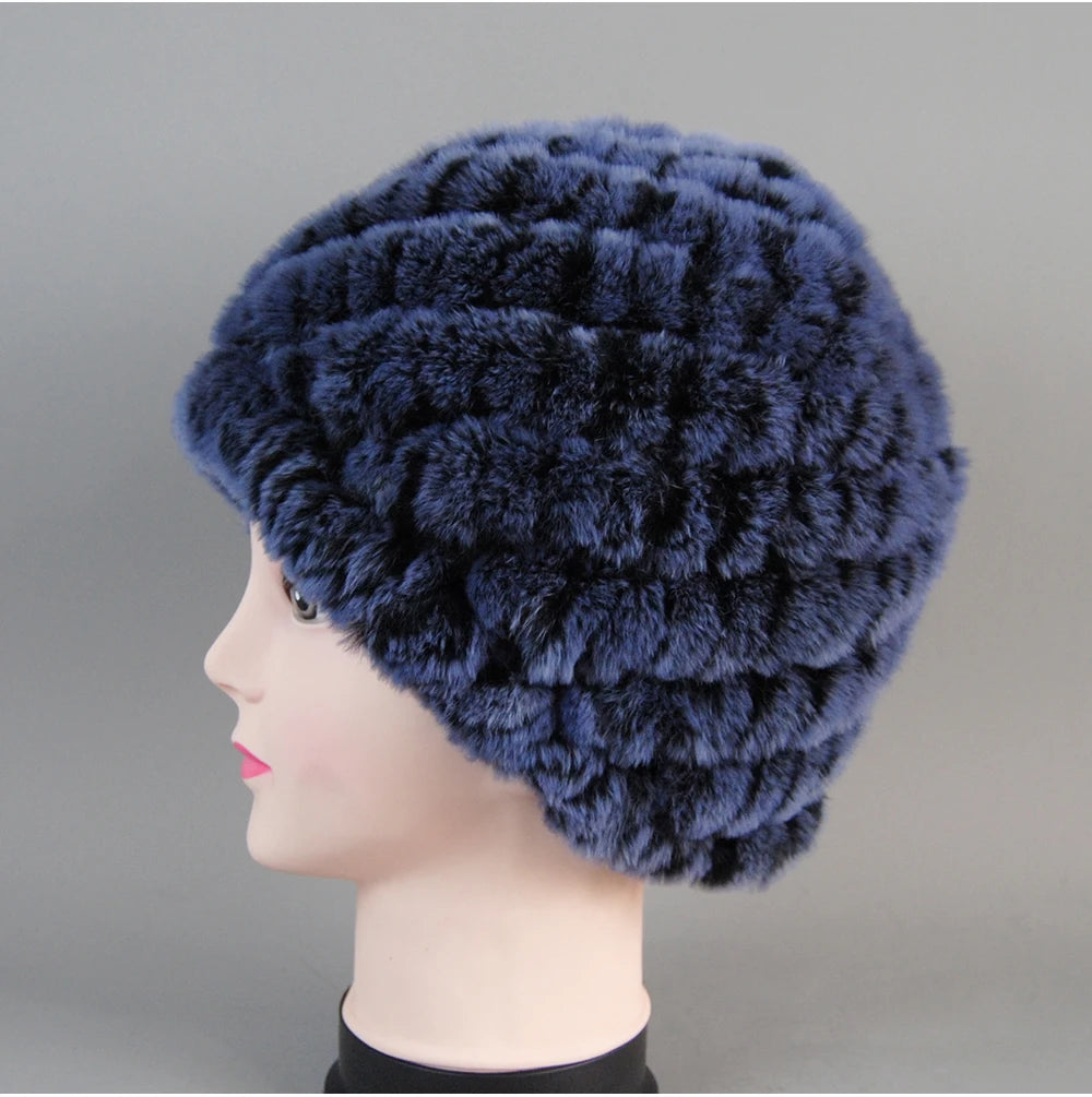 Real Rex Rabbit Winter Fur Hat For Women Russian Real Fur Knitted Cap