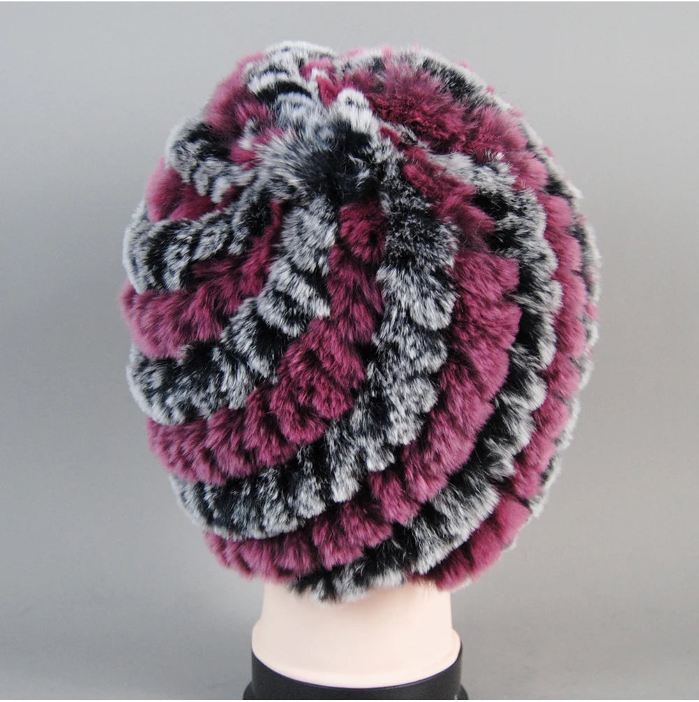 Real Rex Rabbit Winter Fur Hat For Women Russian Real Fur Knitted Cap