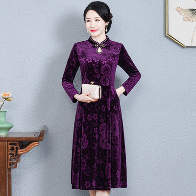 Long Dresses Female Golden Velvet Cheongsam Dress