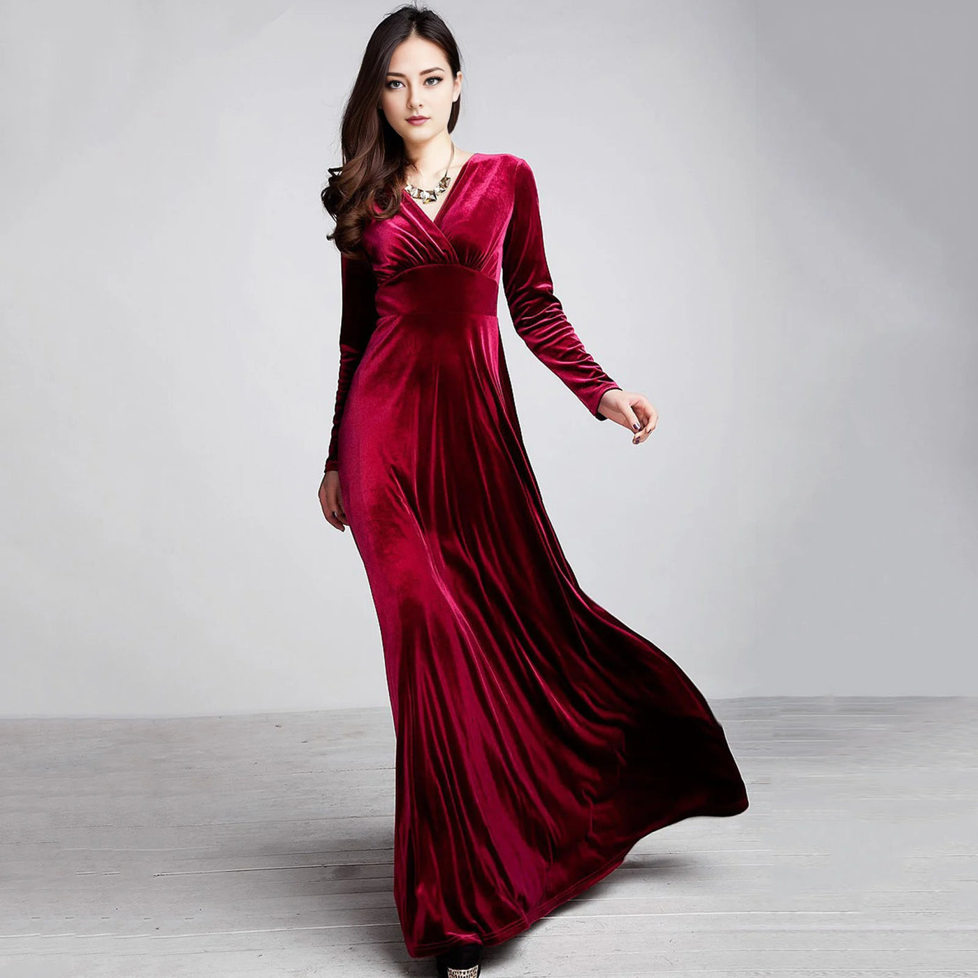 Long Sleeve V Neck Pleated Velvet Banquet Party Maxi Dress Party Wedding