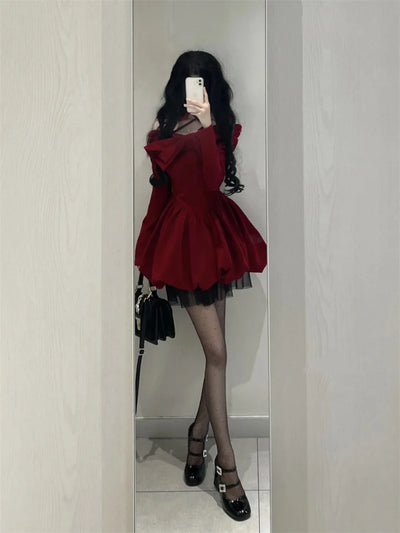 Y2K Sexy Slash Neck Red Velvet Dresses Winter Kawaii Christmas Party