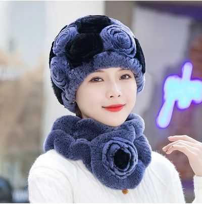 Winter Fur Hat Scarf Sets Natural Warm Real Rex Rabbit Fur