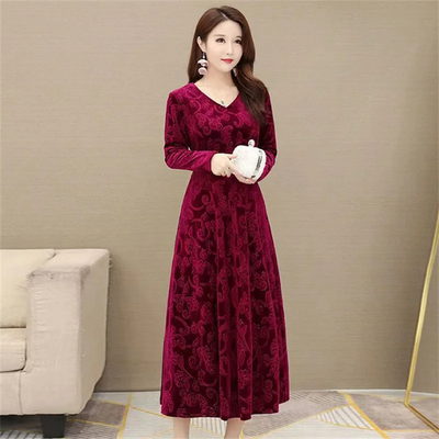 Maxi Dress Ankle-Length Women Dress  Pure Color Velvet Dress Dressing Up