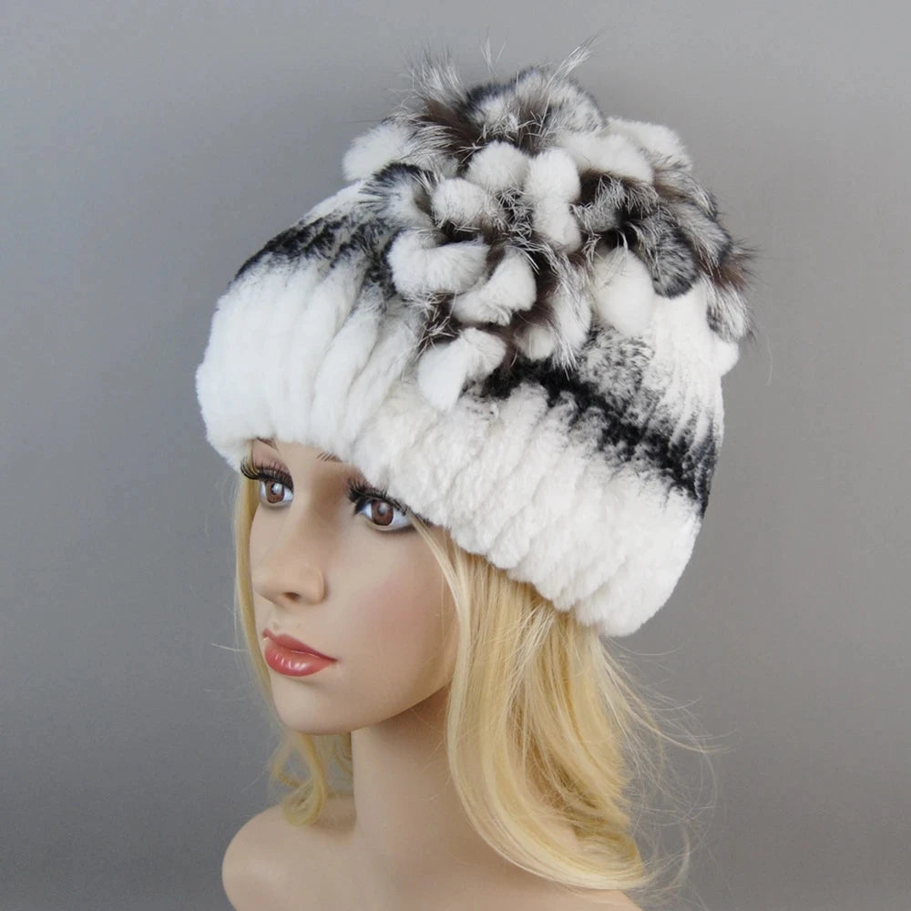 Luxury Women Fur Hat For Winter Handmade Natural Rex Rabbit Fox .