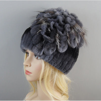 Luxury Women Fur Hat For Winter Handmade Natural Rex Rabbit Fox .