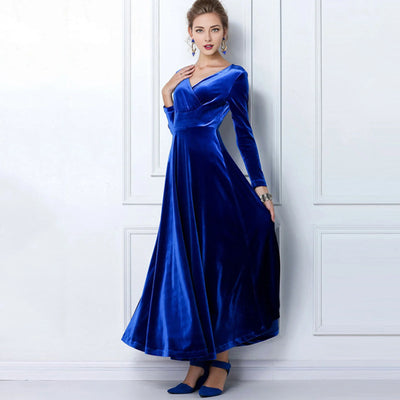 Long Sleeve V Neck Pleated Velvet Banquet Party Maxi Dress Party Wedding