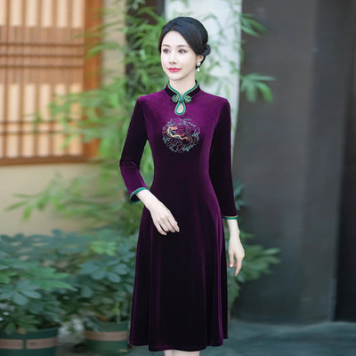 Long Dresses Female Golden Velvet Cheongsam Dress