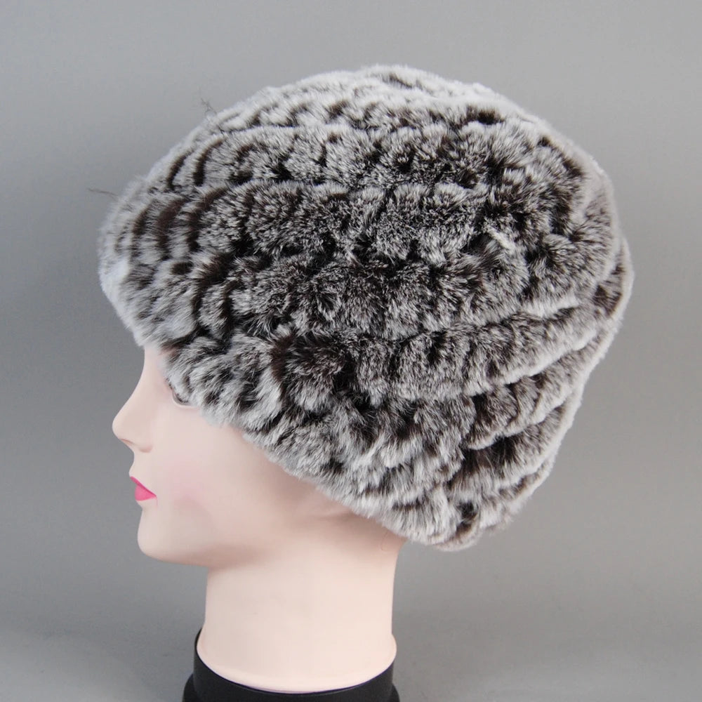 Real Rex Rabbit Winter Fur Hat For Women Russian Real Fur Knitted Cap