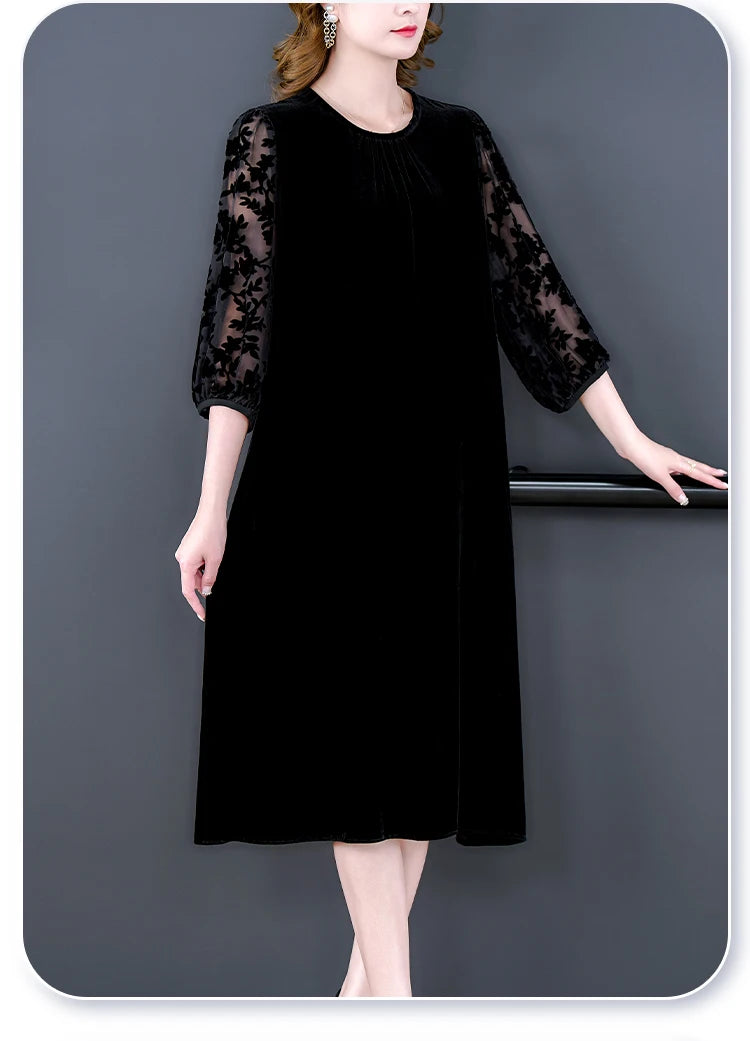 Velvet Chic Hook Flower Hollow Sexy Midi Dress Women Solid