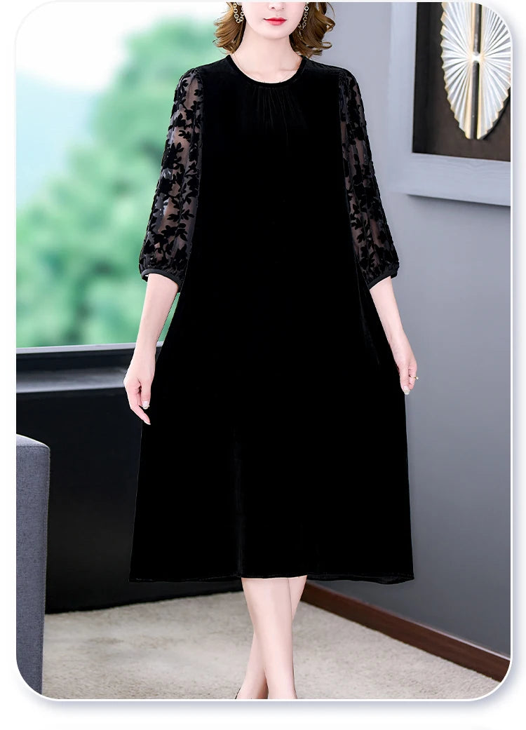 Velvet Chic Hook Flower Hollow Sexy Midi Dress Women Solid