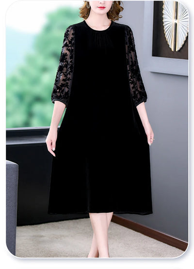 Velvet Chic Hook Flower Hollow Sexy Midi Dress Women Solid